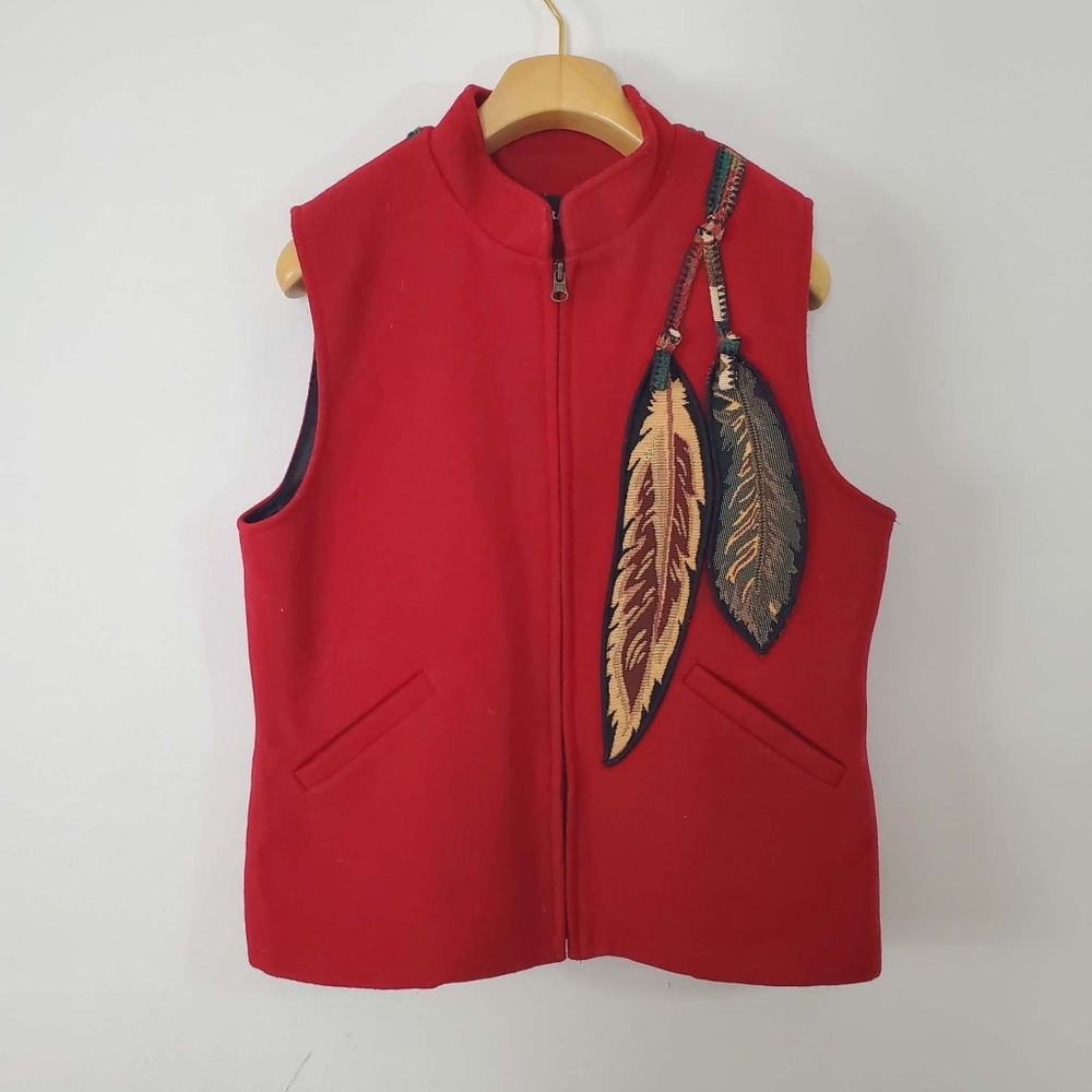 Vintage Coloratura Red 100% Wool Feather design Vest